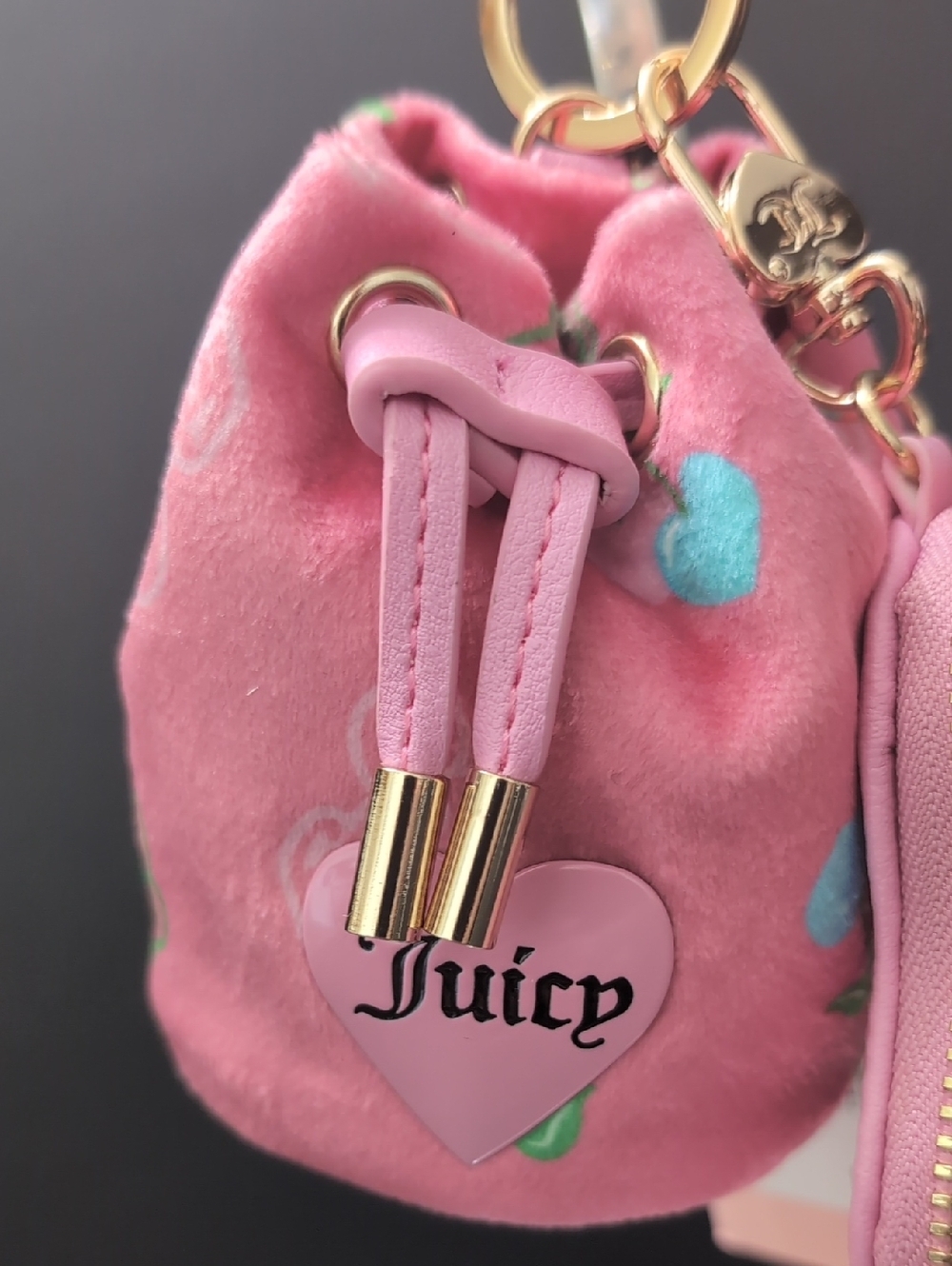 NWT,Juicy Couture Velour Micro Bag And Pouch Set In Pink with Cherry Print. - Picture 2 of 11